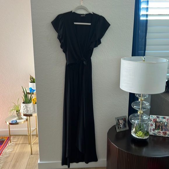 FAB’RIK Black Wrap Hi Lo Dress with Flutter Sleeves - Picture 2 of 7